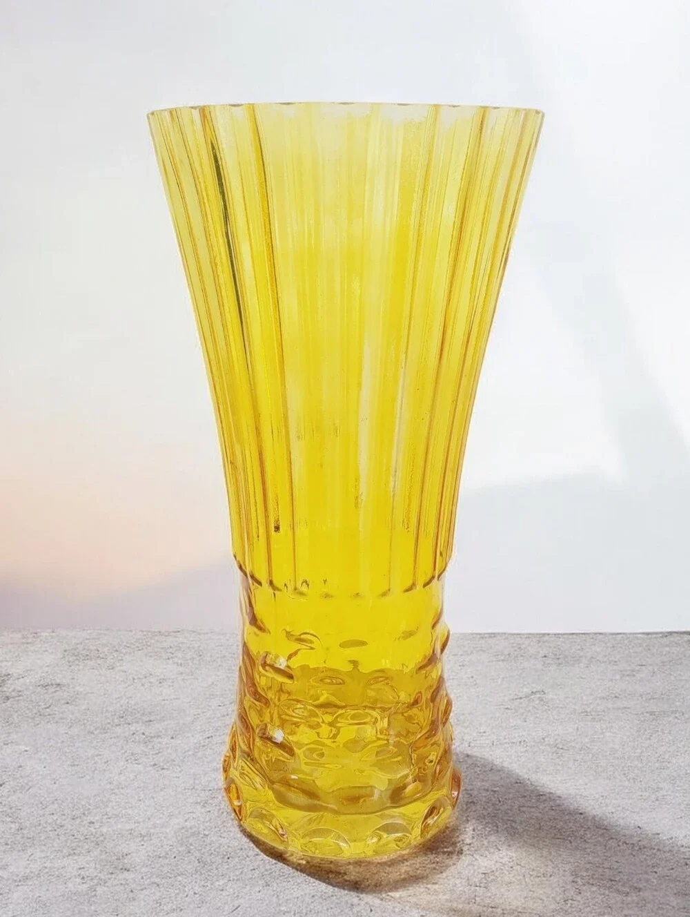 Vintage Amber Glass Fluted Vase Scalloped Rim Mid-Century Style 12” Tall Texture